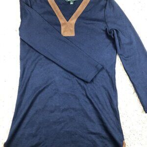 LAUREN Ralph Lauren Blue Long Sleeve Top Shirt Small Faux Leather Neckline